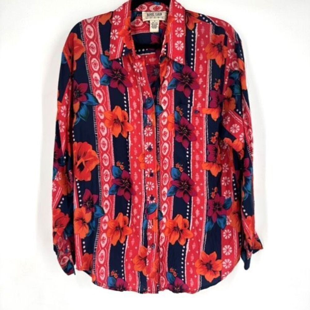 Vintage Daniel Caron Womens Floral Tropical Silk Button-Up Shirt Colorful Medium